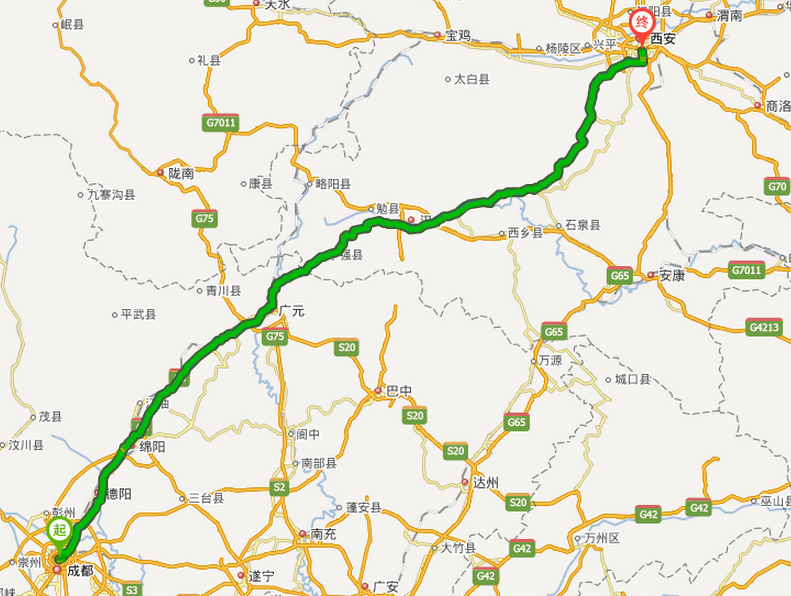 成都到西安路线地图展示 1,成渝环线高速公路,京昆高速公路 全程:9