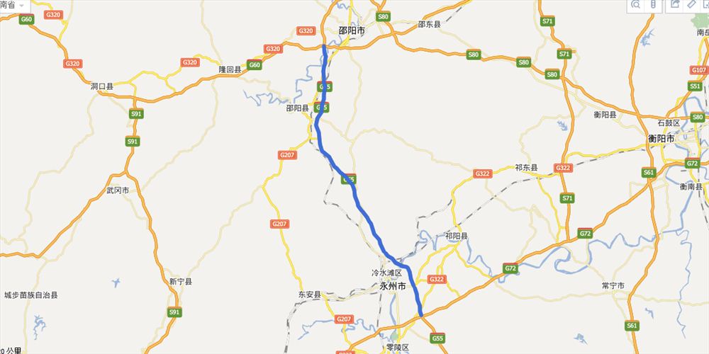 邵永高速全程路线图如下:高速公路名称:邵永高速    高速公路编号:g